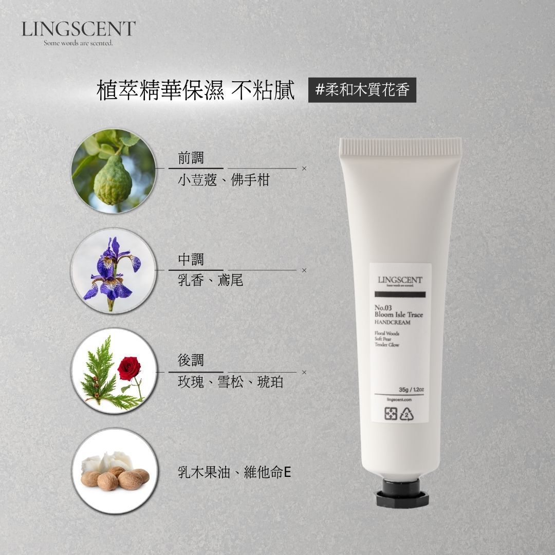 Lingscent No.03花嶼留香香調表，島嶼微風與自然花香的結合